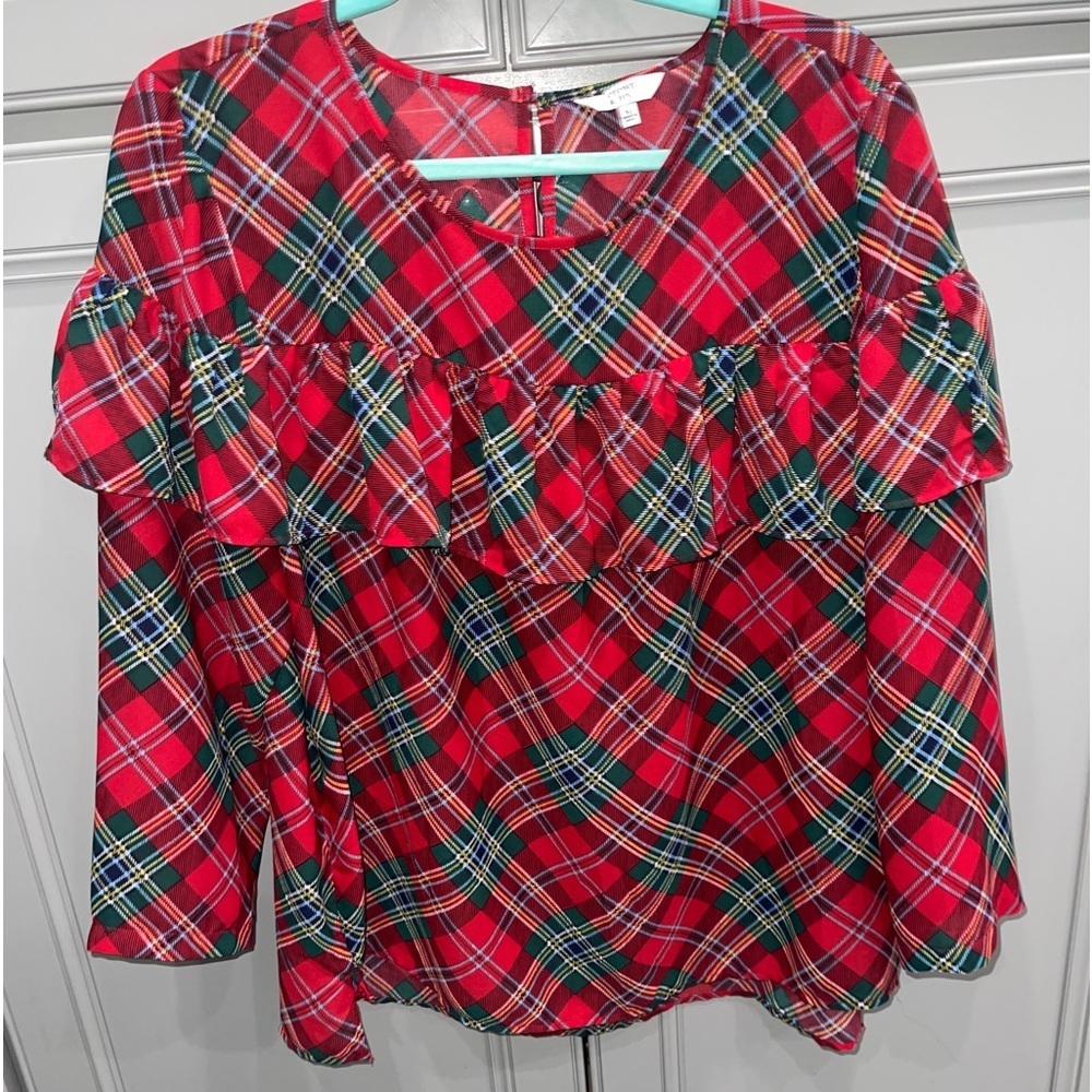 Crown & Ivy Red and Green Plaid Ruffle Blouse